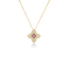The VENETIAN PRINCESS CARNIVAL DIAMOND AND RUBELLITE MEDIUM FLOWER NECKLACE by Roberto Coin features sparkling white diamonds on flower petals and pink rubellites at the center, all set in 18K yellow gold. Displayed on a white background.