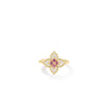 The VENETIAN PRINCESS CARNIVAL DIAMOND AND RUBELLITE MEDIUM FLOWER RING by Roberto Coin features 18K yellow gold, pink rubellites, and white diamonds in a floral design, showcased on a plain white background.