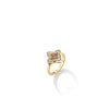 The Roberto Coin VENETIAN PRINCESS CARNIVAL DIAMOND AND RUBELLITE MEDIUM FLOWER RING showcases a four-petal flower in 18K yellow gold with pink and white diamonds, displayed on a white background with a soft shadow.