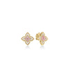 The VENETIAN PRINCESS CARNIVAL DIAMOND AND RUBELLITE MEDIUM FLOWER STUD EARRINGS by Roberto Coin, crafted in 18K yellow gold with pink and white gemstones in a flower petal design, are displayed on a white background.