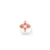 The VENETIAN PRINCESS PIROUETTE PAVE SMALL FLOWER RING by Roberto Coin features a pink, four-petaled flower outlined in 18K rose gold with a central cutout, shown against a white background.