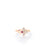 The LOVE IN VERONA DIAMOND AND RUBELLITE SPLIT FLOWER RING by Roberto Coin features an 18K rose gold design with one diamond-studded wing, a solid side, and a rubellite accent—a unique statement piece.