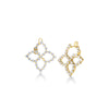 Gold and diamond flower earrings on a white background