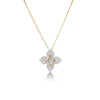 The LOVE IN VERONA MEDIUM PAVE DIAMOND FLOWER NECKLACE by Roberto Coin is an 18K gold piece featuring a luxury quatrefoil flower pendant with pave diamonds and two gold bars across the center.