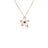 The TIARE' Diamond, Rubellite, and Mother of Pearl Flower necklace by Roberto Coin features diamond-encrusted petals and a vivid rubellite center, beautifully displayed against a white background.
