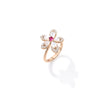 The TIARE' Diamond, Rubellite, and Mother of Pearl Flower Ring by Roberto Coin features five mother of pearl petals edged in diamonds and a vibrant rubellite center, elegantly displayed on a white background.