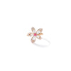 The TIARE' Diamond, Rubellite, and Mother of Pearl Flower Ring by Roberto Coin features diamond-encrusted petals and a vivid rubellite center, beautifully displayed against a white background.