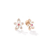 Roberto Coin’s TIARE' Diamond, Rubellite, and Mother of Pearl Flower Stud Earrings feature white petals with 18K gold edges set with diamonds and a pink rubellite center, beautifully displayed on a white background.