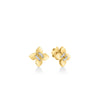 The LOVE IN VERONA SMALL DIAMOND FLOWER STUD EARRINGS by Roberto Coin feature four-petal diamond flowers in yellow and white gold, each with a sparkling diamond center, shown on a white background.