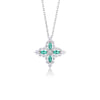 White gold necklace with a diamond and emerald flower pendant on a white background