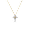 The LOVE IN VERONA SMALL PAVE DIAMOND FLOWER NECKLACE by Roberto Coin features an 18K gold four-petal flower pendant with center gold accent and pavé diamonds, shown against a white background.