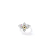 The LOVE IN VERONA SMALL PAVE DIAMOND FLOWER RING by Roberto Coin features a silver band with a four-petal flower design, pavé diamonds, and two gold-toned bars at the center, shown on a white background.