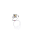 The LOVE IN VERONA SMALL PAVE DIAMOND FLOWER RING by Roberto Coin features a silver band with a flower-shaped pavé diamond design and two 18K gold accents at the center, shown on a white background.