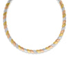The SAN MARCO DIAMOND ACCENT SATIN FINISH COLLAR NECKLACE by Roberto Coin features twisted, alternating segments of yellow, rose, and white gold with diamond accents, forming a partial circle against a white background.