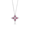 White gold necklace with a diamond and ruby flower pendant on a white background