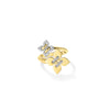 The Roberto Coin LOVE IN VERONA PAVE DIAMOND AND POLISHED FINISH DOUBLE FLOWER RING features two flower motifs with pavé diamonds, set in 18K gold and showcased on a white background.