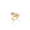 The LOVE IN VERONA PAVE DIAMOND AND POLISHED FINISH DOUBLE FLOWER RING by Roberto Coin features two butterfly motifs—one in polished 18K gold, the other with pavé diamonds—set against a white background, evoking romantic elegance.