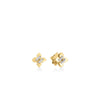 The LOVE IN VERONA PETITE DIAMOND FLOWER STUD EARRINGS by Roberto Coin feature four-petal 18K gold flowers with diamond centers, beautifully displayed against a plain white background.