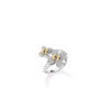 The LOVE IN VERONA PAVE DIAMOND DOUBLE FLOWER RING by Roberto Coin features two pavé diamond-encrusted flowers with gold accents, crafted in fine silver and displayed on a white background.