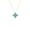 The LOVE IN VERONA SMALL DIAMOND AND ENAMEL FLOWER NECKLACE by Roberto Coin features a gold pendant shaped like a four-petal flower with turquoise enamel petals and small diamonds, shown on a white background.