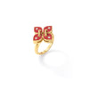 The LOVE IN VERONA SMALL DIAMOND AND ENAMEL FLOWER RING by Roberto Coin features a gold band with a butterfly-inspired flower design, four red enamel petals each set with a diamond, displayed on a white background.