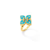 The LOVE IN VERONA SMALL DIAMOND AND ENAMEL FLOWER RING by Roberto Coin features a butterfly-shaped gold design with four turquoise enamel segments and diamond accents, displayed on a simple gold band against a white background.