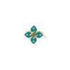The LOVE IN VERONA SMALL DIAMOND AND ENAMEL FLOWER RING by Roberto Coin showcases a gold floral design with four turquoise blue enamel petals, each featuring a small round diamond at the center, displayed on a white background.
