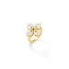 The LOVE IN VERONA SMALL DIAMOND AND ENAMEL FLOWER RING by Roberto Coin features a butterfly-shaped gold design with four white enamel segments and diamond accents, displayed on a simple gold band against a white background.