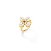 The LOVE IN VERONA SMALL DIAMOND AND ENAMEL FLOWER RING by Roberto Coin features a butterfly-shaped gold design with four white enamel segments and diamond accents, displayed on a simple gold band against a white background.