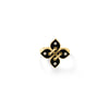The LOVE IN VERONA SMALL DIAMOND AND ENAMEL FLOWER RING by Roberto Coin features a gold quatrefoil design with black enamel petals and a diamond at each petal's center, shown against a white background.