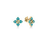 Yellow gold, turquoise enamel, and diamond floral earrings on a white background