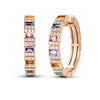 Rose gold hoop earrings with diamonds and multicolored gemstones on a white background