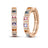 Rose gold hoop earrings with diamonds and multicolored gemstones on a white background