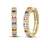 Yellow gold hoop earrings with diamonds and multicolored gemstones on a white background