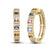 Yellow gold hoop earrings with diamonds and multicolored gemstones on a white background