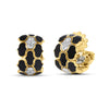 Yellow gold and black enamel open back hoop earrings with white gold and diamond accents on a white background