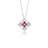 The DIAMOND PRINCESS FLOWER NECKLACE by Roberto Coin features an 18K white gold cross pendant with four round pink gems at the center, surrounded by clear baguette-cut stones in a radiant floral design.