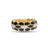Front view of yellow gold and black enamel ring with white gold diamond accents on a white background