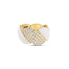 Front view of yellow gold and white enamel link ring with diamond accent on a white background