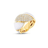 Front view of yellow gold and white enamel link ring with diamond accent on a white background