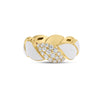 Front view of yellow gold and white enamel link ring with diamond accent on a white background