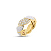 Side view of yellow gold and white enamel link ring with diamond accent on a white background