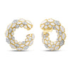 Yellow gold and white enamel curled earrings with white gold and diamond accents on a white background