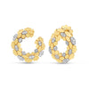 Yellow gold curl earrings with white gold and diamond accents on a white background