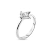 Side view of white gold ring with a single diamond accent in a square bezel on a white background