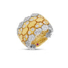 Side view of yellow and white gold ring with scattered diamond accents on a white background