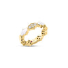 Side view of yellow gold and white enamel  ring with diamond accent section on a white background