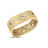 Yellow gold bangle bracelet with pave diamond flowers and scattered diamond accents on a white background