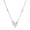 White gold necklace 2 bars in chain and a triple pave diamond flower pendant on a white background
