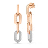 Rose gold link chain dangle earrings with single white gold and pave diamond link on a white background